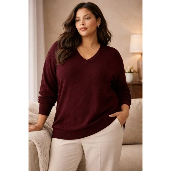 Quince 100% Mongolian Cashmere V-Neck Sweater Burgundy 3X NWT - Picture 1 of 6